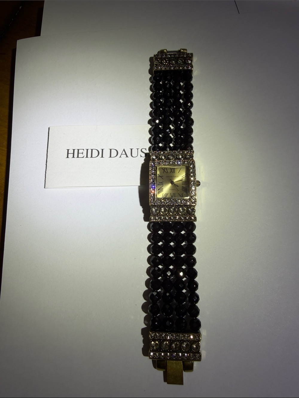 Heidi Daus Vintage Black Crystal Multi-Strand Bracelet Watch with Gold Face